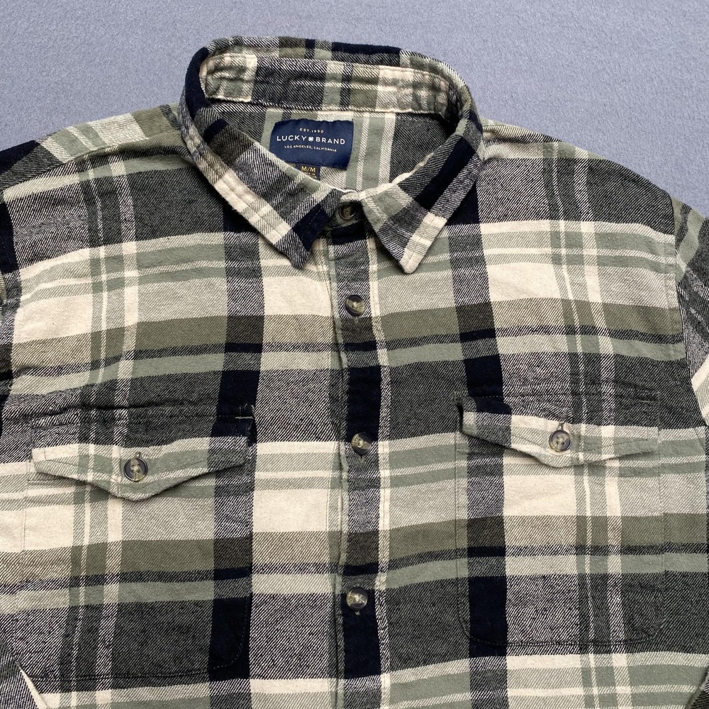Lucky Brand Shirt Mens Medium Green Gray Plaid Flannel Button Up Long Sleeve